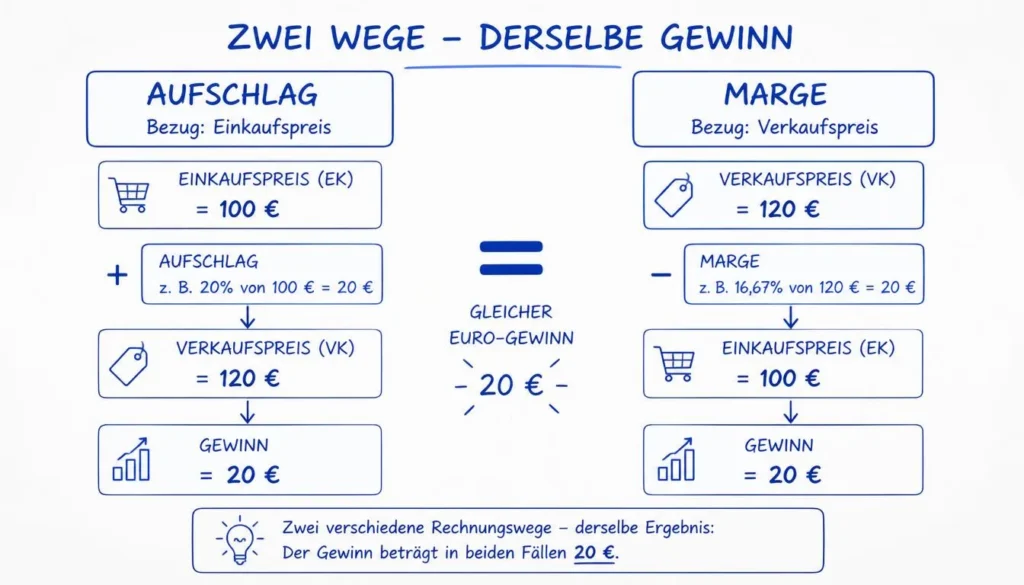 Aufschlag und Handelsspanne führen zum gleichen Gewinn, unterschiedliche Prozentwerte